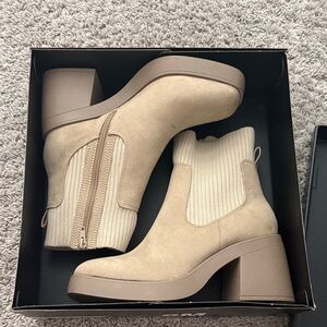 Beige Suede Block Heel Chelsea Ankle Boots